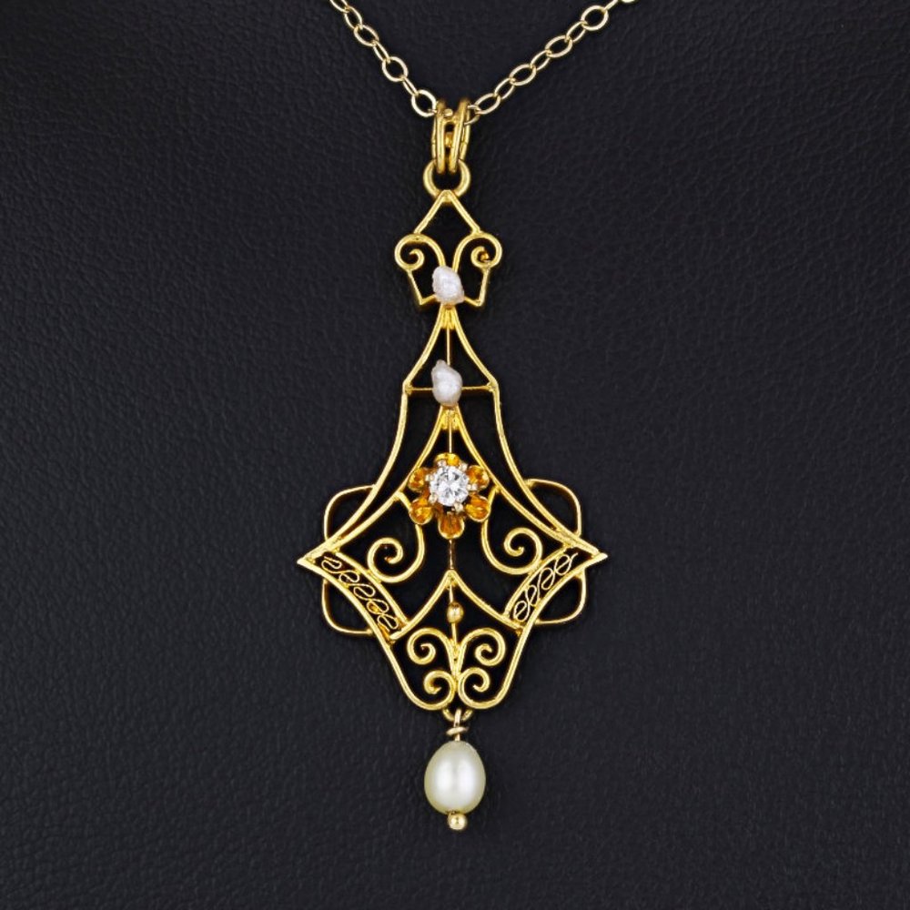 c.1940 Vintage Retro 14k/ 10k Yellow Gold Diamond Pearl Dangle Pendant Necklace